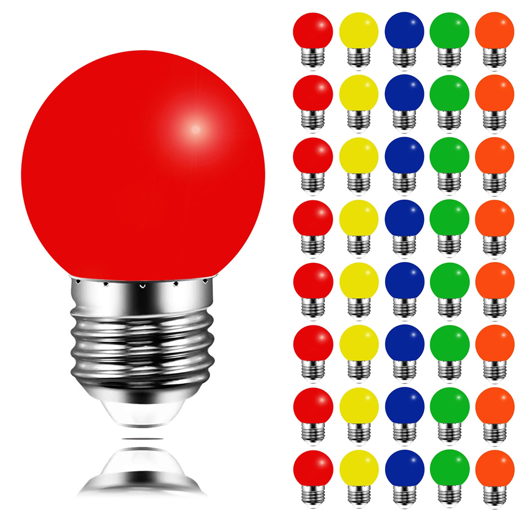 40 Pack Coloured LED Bulbs Golf Ball E27 3W, Not dimmable, Garden Light Bulb, Multicoloured Bulbs for Outdoor Indoor String Wedding Party Bar Mood Ambiance Decor (Red Yellow Blue Green Orange)