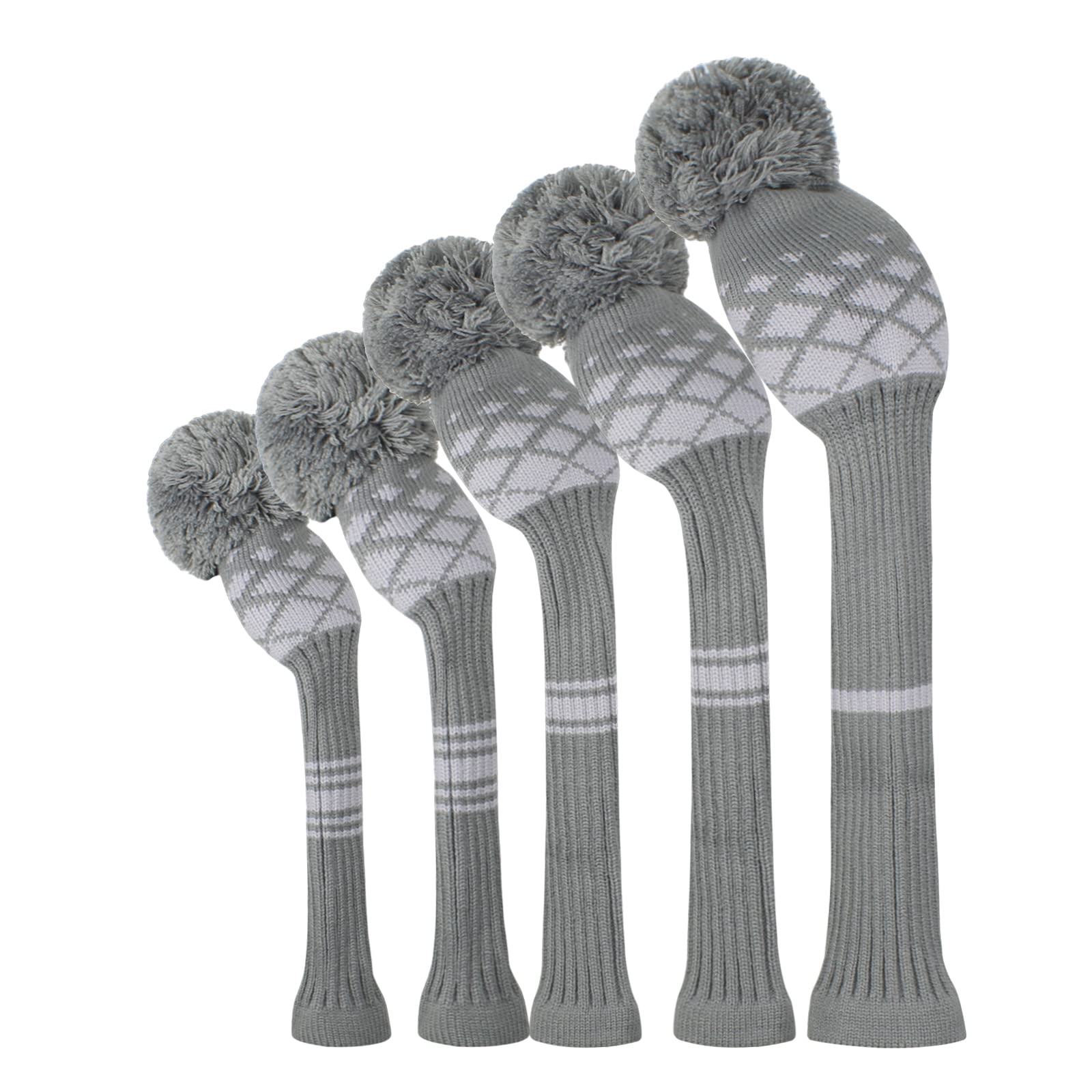 Grey Reticulated Golf Head Covers for Woods 5 PCS Knit Golf Club Cover Driver Cover*1 Fairway Wood*2 Hybrid (UT)*2 Old-school Style, Big Pom-poms, Best Gift for Golfers