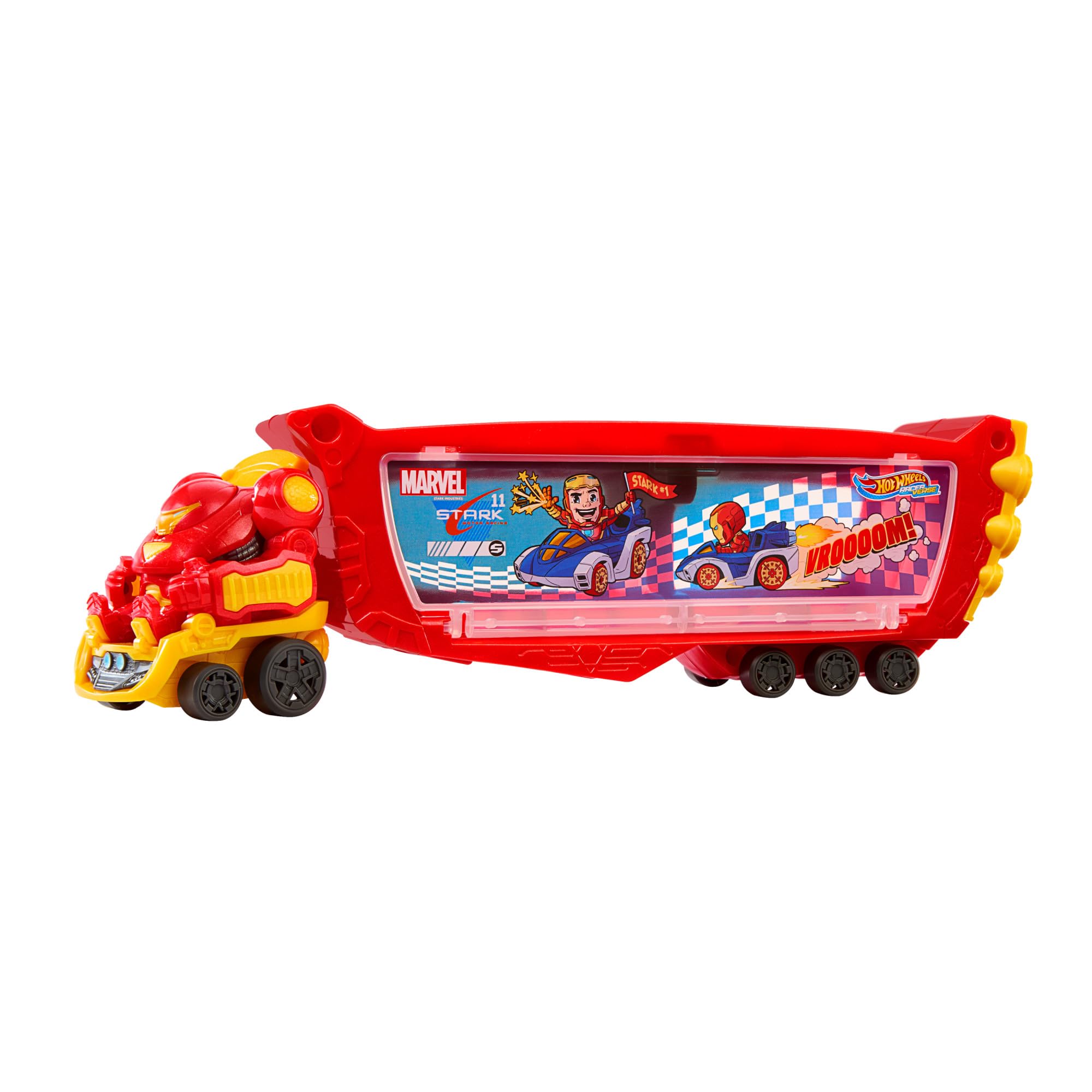 Hot Wheels RacerVerse Marvel Hulkbuster Hauler, Transport & Store Up to 10 Toy Vehicles, Detachable Cab with Flip-Up Helmet & Non-Removable Figure, HRY02