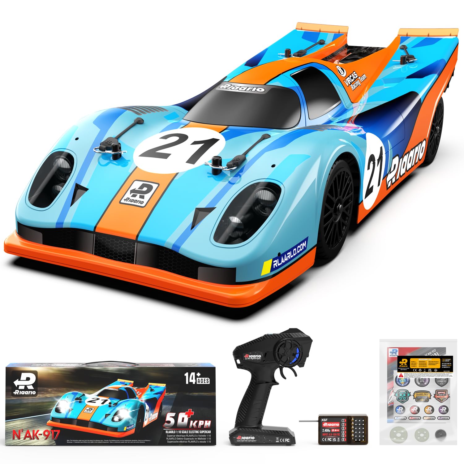 AMORIL 1/10 Fast RC Cars for Adults, Top Speed 60 KM/H On-Road RTR Supercar AK-917 with 80A Brushed ESC,550 13T Motor and 1 * 3300 mah Battery, Cyan&Orange
