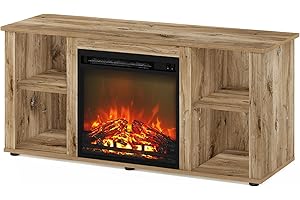 Furinno Jensen Entertainment Center Stand with Fireplace for TV up to 55 Inch, 55-Inch, Flagstaff Oak
