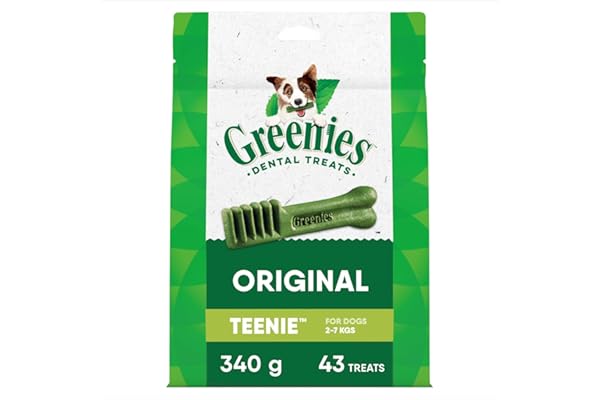 GREENIES Dog Treats Original Teenie Natural Dental Care, (43 Treats) 12oz. Pack | Cleans to gumline, dogs 2-7 kg, vet-recomme
