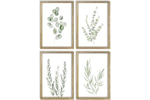 LUZHIQIANG Botanical Wall Decor Sign 16x11 Inch Set of 4 Sage Green Plants Wood Framed For Boho Bathroom Modren Farmhouse Bedroom Aesthetic Watercolor Living Room Art Wall Hanging (Wood)