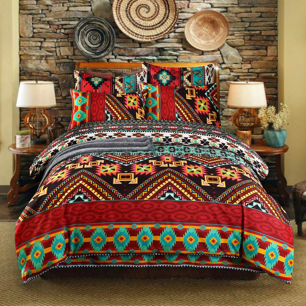 wide smile Moroccan Bohemian Duvet Cover Set Single Size Ethnic Exotic Style Mandala boho Bedding Set (red, single)
