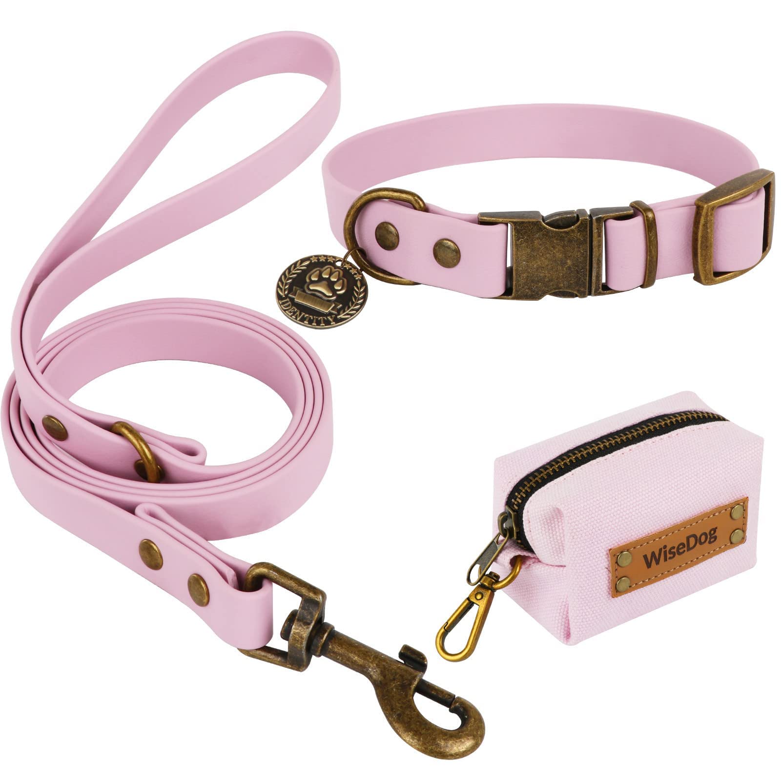 Photo 1 of Wisedog Dog Collar and Leash Set, Waterproof Adjustable Puppy Collars with Cute Tag 5FT Dog Leash with Poop Bag for Small Medium Large Dogs (L, Pale Pinkish Purple)