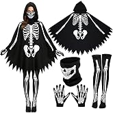 BOARDFEB 4 PCS Women Skeleton Halloween Outfits Skeleton Poncho Costume | Skeleton Costume Include Skull Poncho, Face Mask, Skeleton Gloves, Thigh High Stocking, for Women Halloween Cosplay Party