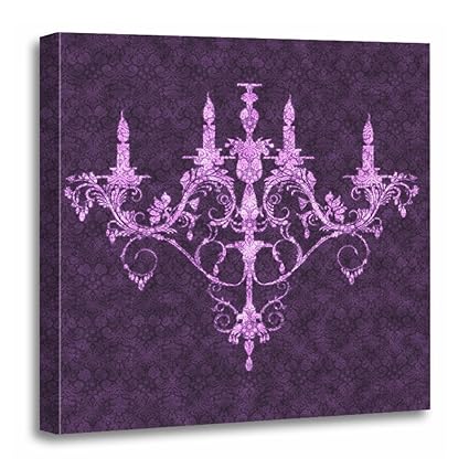 Torass Canvas Wall Art Print Elegant Chandelier Purple Damask Vintage Retrosophisticated Glam Glamour Artwork For Home Decor 20 X 20