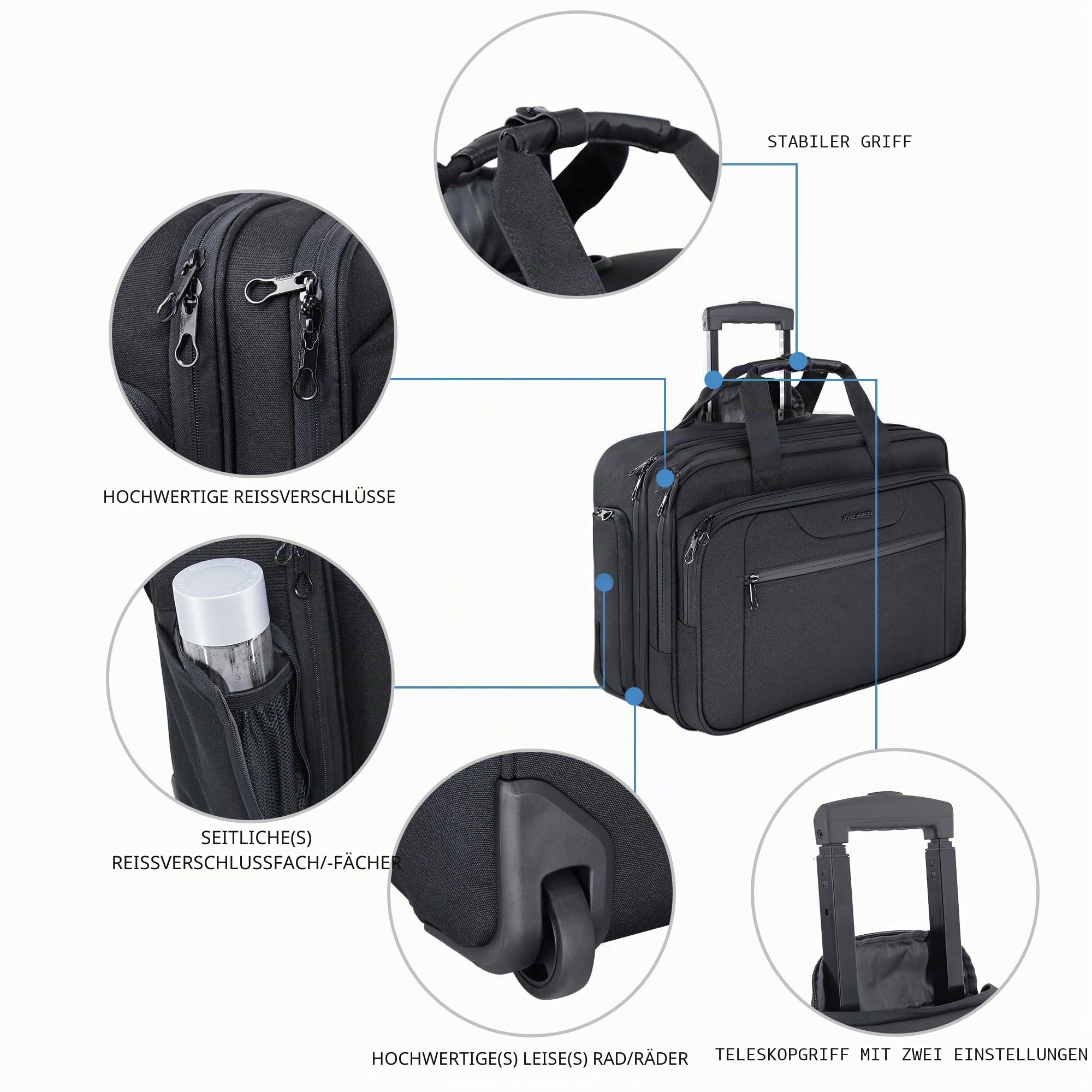 KROSER Trolley Business, Handgepäck Koffer, Rolling Case mit Rädern Bis zu 17,3 Zoll Laptop wasserdichte Übernacht-Rolltasche mit RFID-Taschen für Reisen/Schule/Männer/Frauen-Schwarz MEHRWEG 5