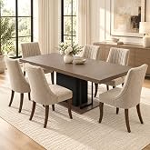 XELARON Extendable Dining Table Set for 6, 63"-79" Wood Kitchen Table Set | Large Rectangular Dining Table with 6 Upholstered Channel Tufted Fabric and Solid Wood Legs Chairs,Beige