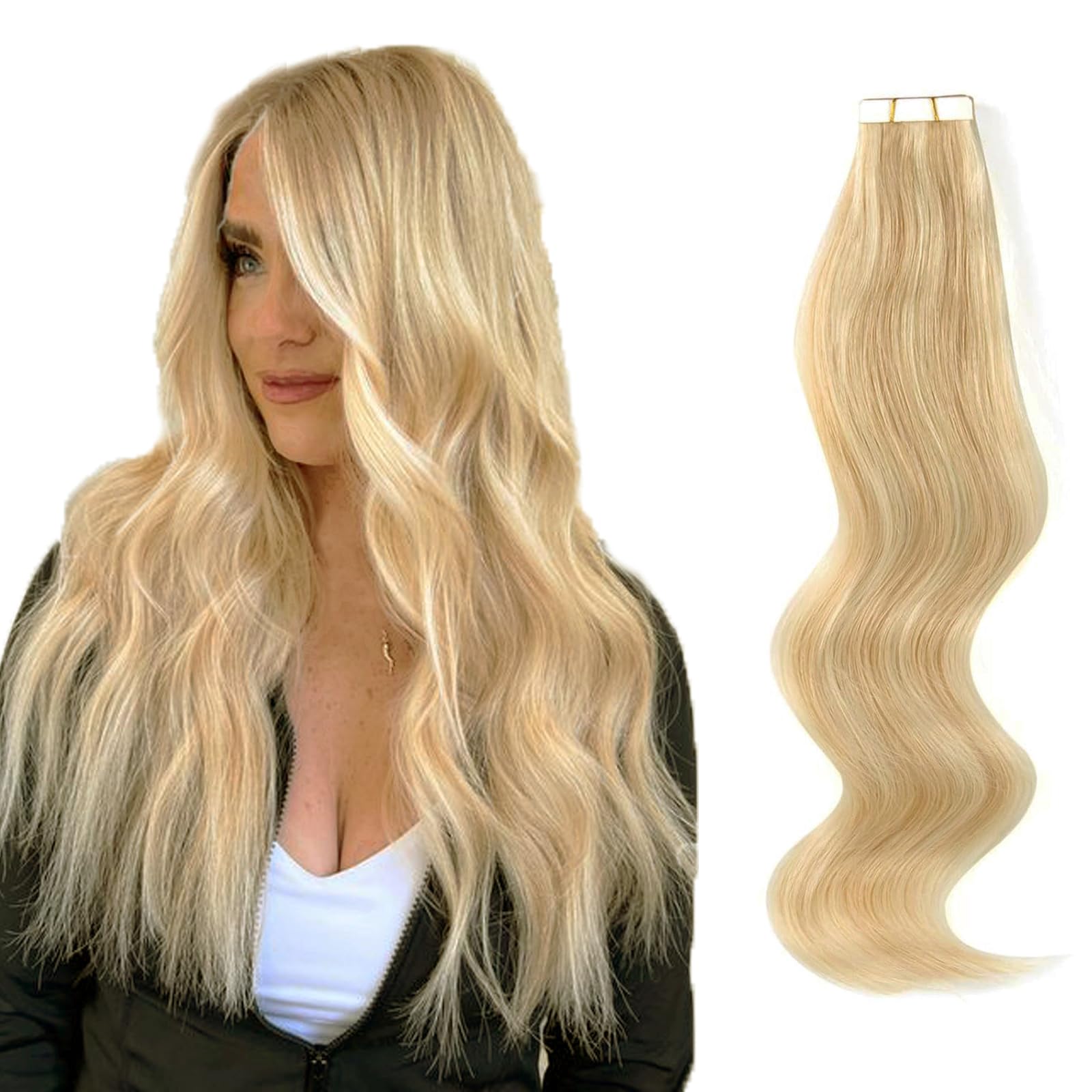 ABH AmazingBeauty Hair Tape Hair Extensions Pre-taped 50g 20pcs Highlights Real Remy Human Hair Skin Weft, Invisible, Seamless, Dirty Blonde with Platinum Beach-Bleached Blonde P18-613, 20 Inch — image 1