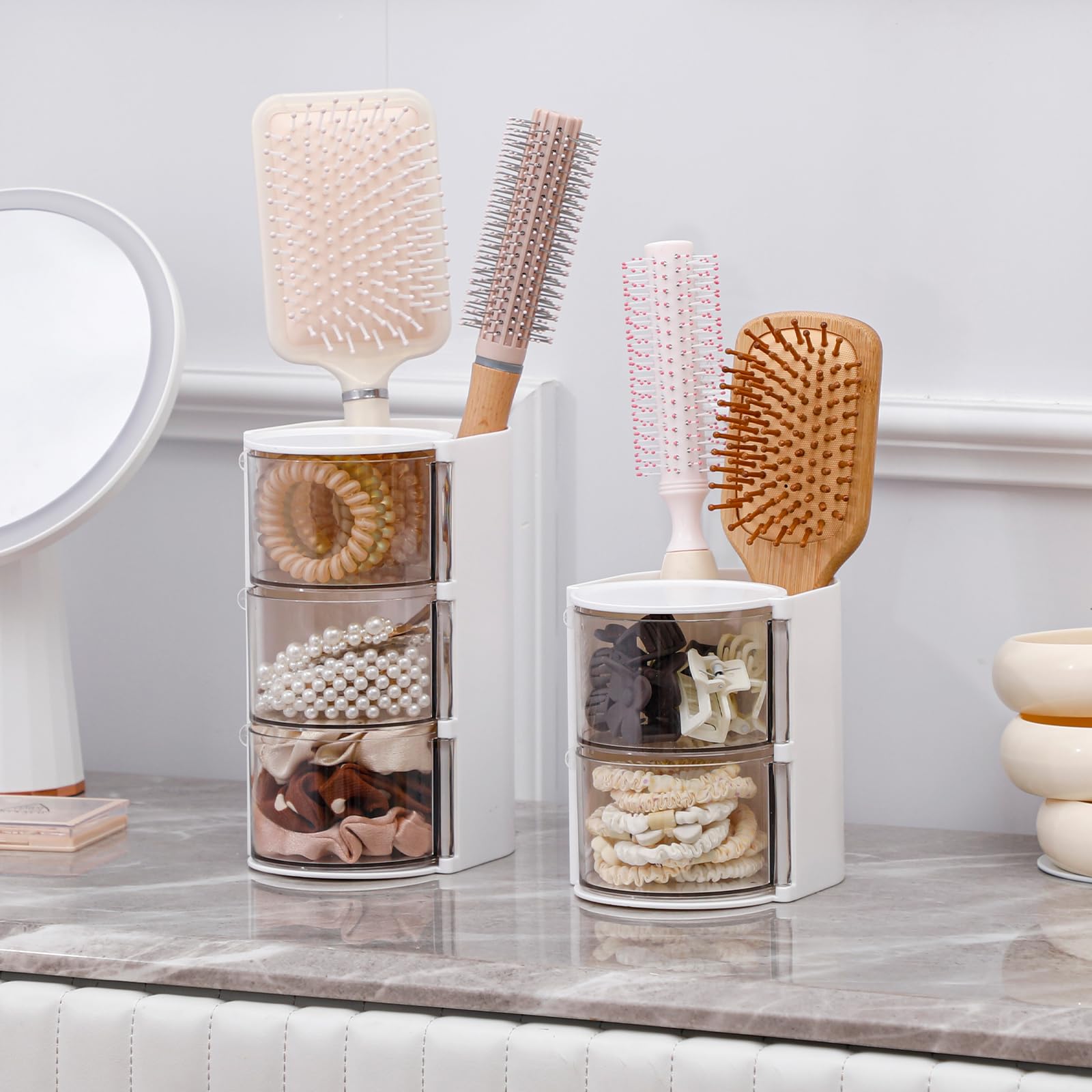 FABROK 2-Layer Clear Hair Accessories Organizer with Hair Brushes Holder, Rotatable Small Jewelry Box for Necklaces、Earring, Desktop Organizer Case for Makeup Brushes, Hair Accessories, Cotton Swab