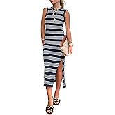 PRETTYGARDEN Summer Dresses for Women 2026 Casual Sleeveless Hollow Out Knit Side Slit Striped Beach Vacation Midi Dress