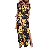 Arolina Women Summer Maxi Dress Short Sleeve V Neck Casual Loose Long Split Dresses Beach Vacation Sundress with Pockets