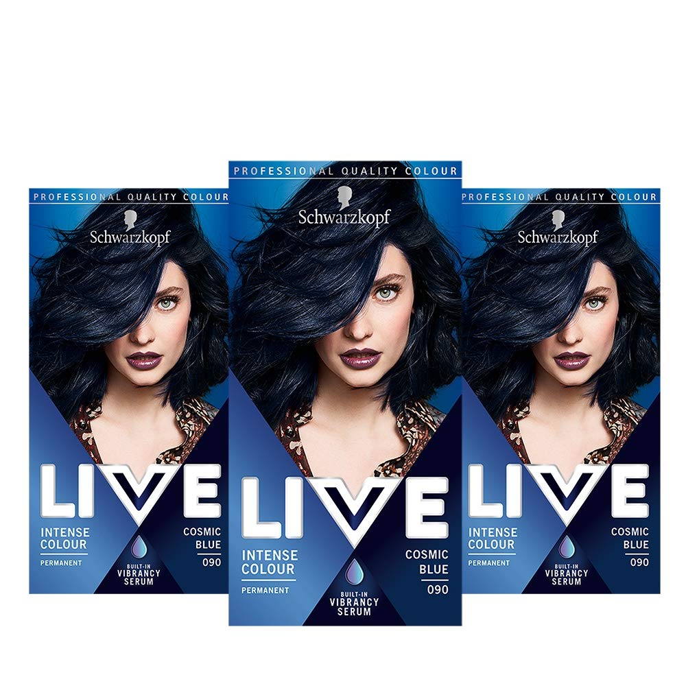 Schwarzkopf Live Intense Colour Blue Hair Dye, 3-Pack Permanent Colour & Built-In Vibrancy Serum, 090 Cosmic Blue