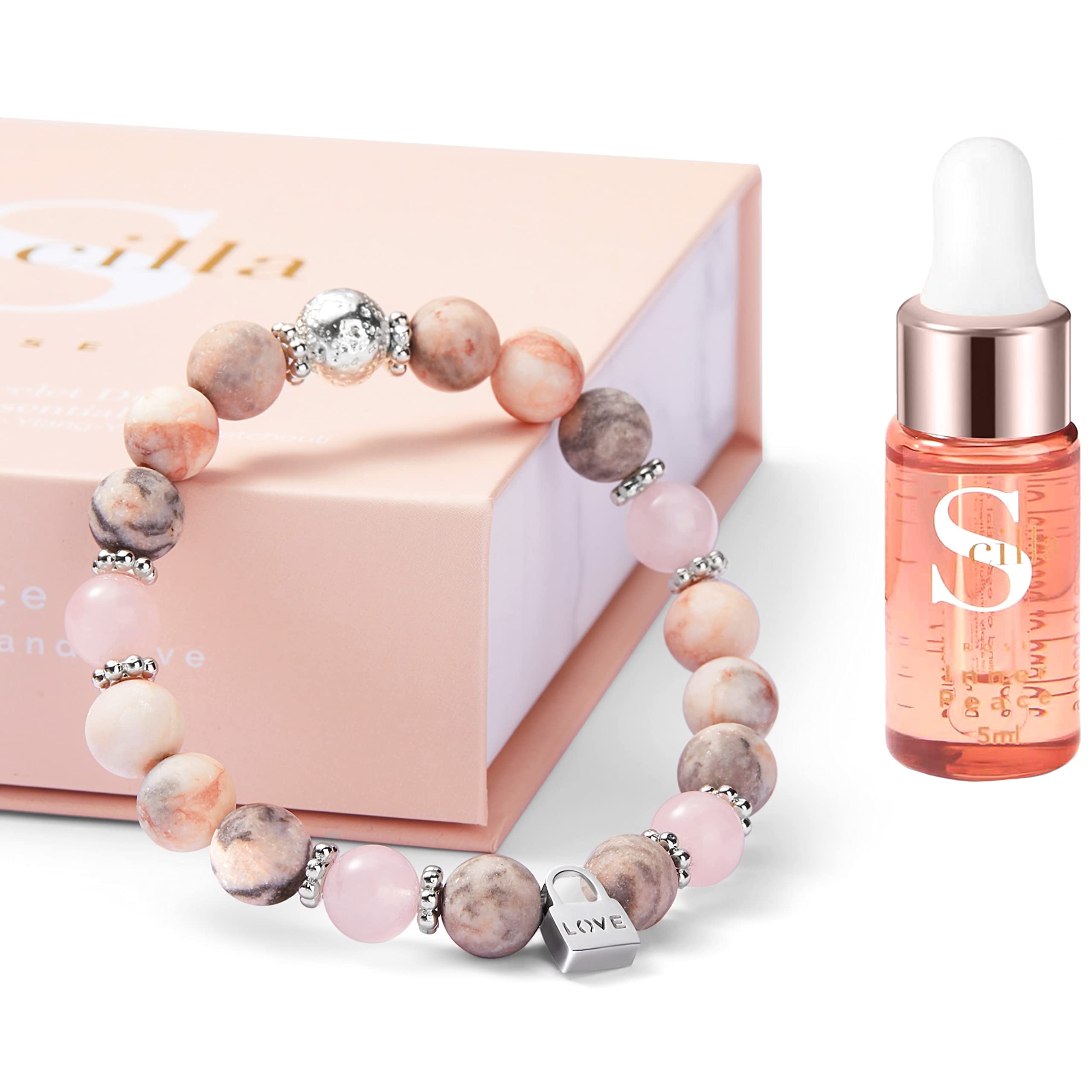 Aromatherapy Essential Oil Lava Diffuser Bracelet for Women - Rose Quartz, Zebra Jasper Beaded with Love Lock Charm - Mindfulness Self-Care Gift for Mother's Day, Birthdays, & Friendship (Size M)