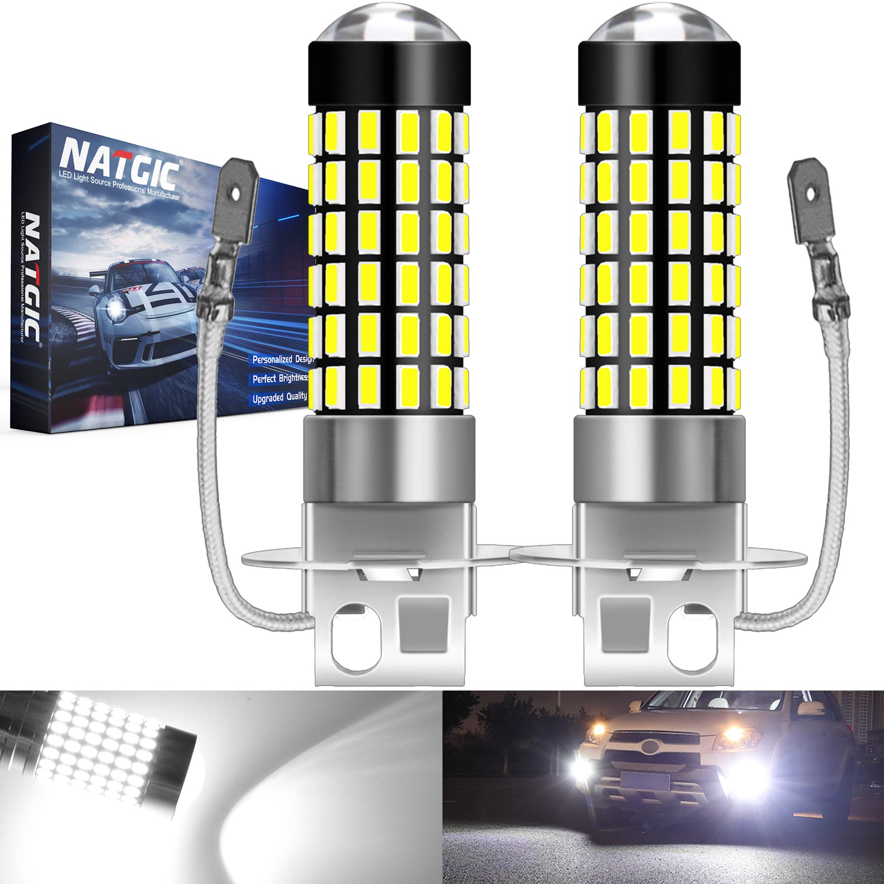 NATGIC H3 LED Bulbs Xenon White 1800LM 3014SMD 78-EX Chipsets with Lens Projector for Fog Light Daytime Running Light Automotive Driving Lamp, 6500K,12-24V(2-Pack)