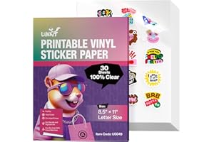 Uinkit 100% Clear Vinyl Sticker Paper for Inkjet Printer,30 Sheets Printable Transparent Sticker Paper 8.5x11 inches for DIY 