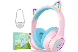 LOBKIN Kids Bluetooth Headphones,Over Ear Kids Headphones Wireless with Mic 50H Playtime Colorful LED Lights AUX Cord 94dB Safe Volume Limited Foldable Design for Boy Girl Travel/School/iPad