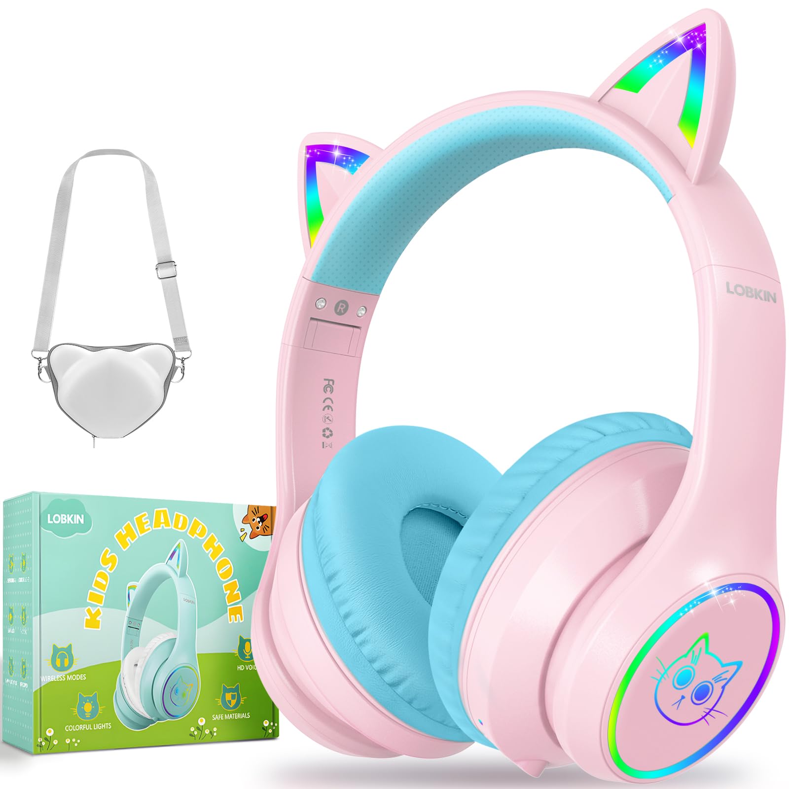 Photo 1 of LOBKIN Kids Bluetooth Headphones,Over Ear Kids Headphones Wireless with Mic 50H Playtime Colorful LED Lights AUX Cord 94dB Safe Volume Limited Foldable Design for Boy Girl Travel/School/iPad