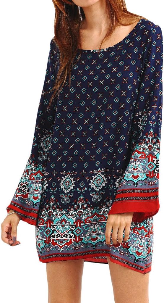 Risesun Women's Bohemian Vintage Printed Ethnic Style Loose Casual Tunic Dress