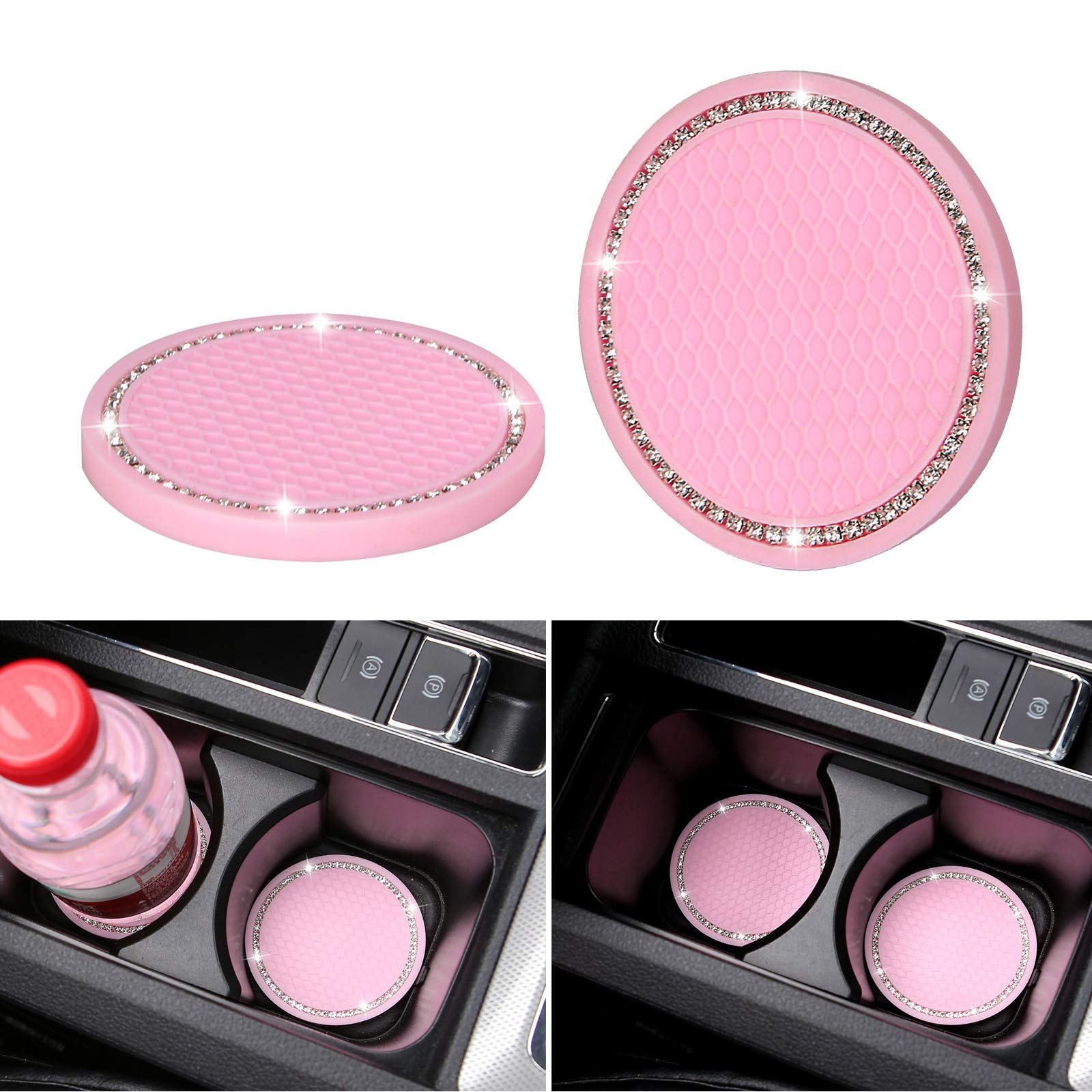 Photo 1 of 2 Pack Bling Car Coasters, 2.75 Inch Soft Rubber Cup Holder Pad Set Round Auto Cup Holder Insert Drink Coaster Car Interior Accessories