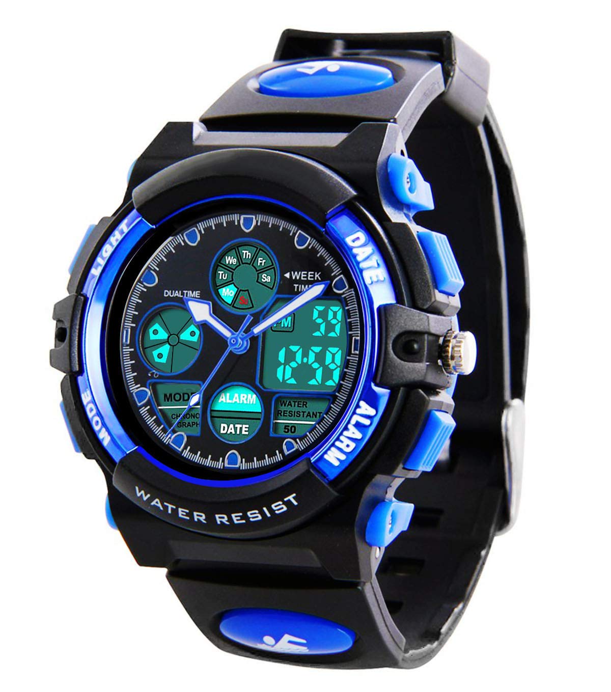 RSVOM Kids Digital Sports Watches - Boys Waterproof Sport Watch with Alarm Stopwatch, LED Analog Wrist Watches with Chronograph, Alarm for Kids, Blue, S, Strap, Blue, S, Strap