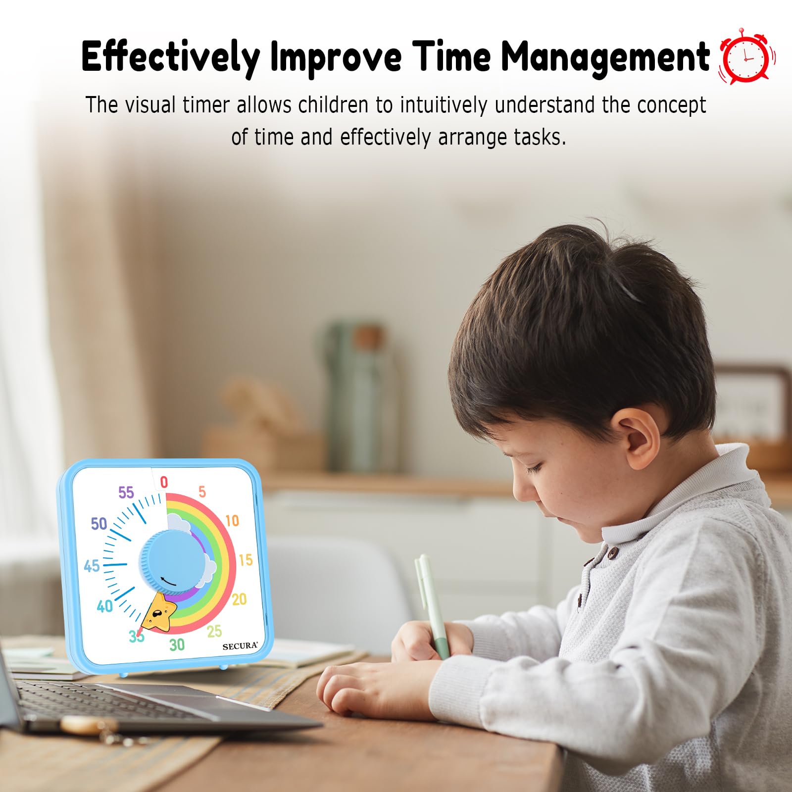 Secura 60-Minute Visual Timer, 7.5 Inch Magnetic Rainbow Countdown Timer for Classroom or Kitchen, Durable Mechanical Timer Clock with Magnetic Backing (Blue & Star)