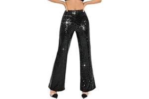 YHYJMY Womens High Waist Wide Leg Sparkle Sequin Bling Glitter Elastic Loose Flare Bell Bottom Shiny Pants