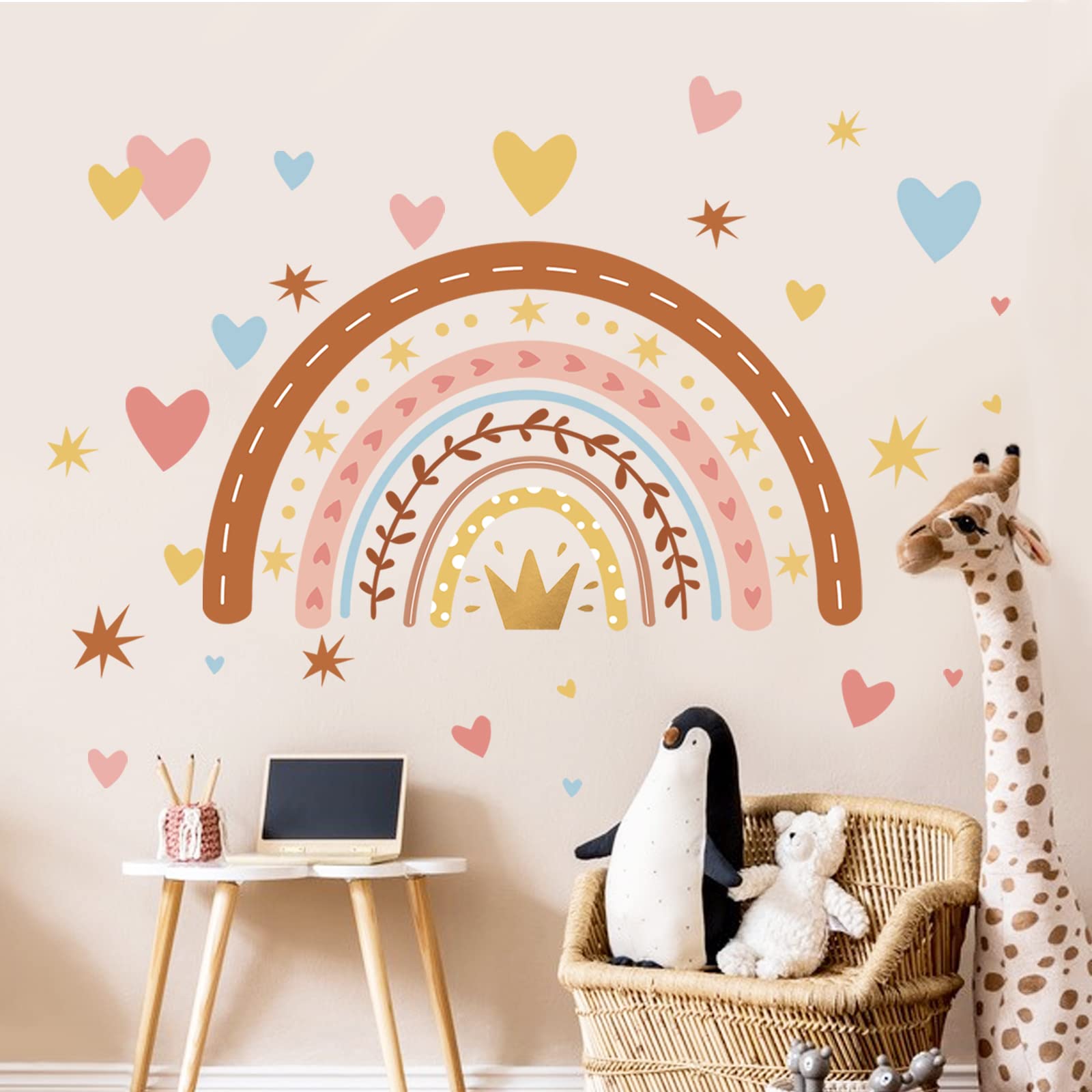 decalmile Rainbow Wall Decals Boho Watercolor Rainbow Heart Star Wall Stickers Baby Nursery Girls Bedroom Living Room Wall Decor