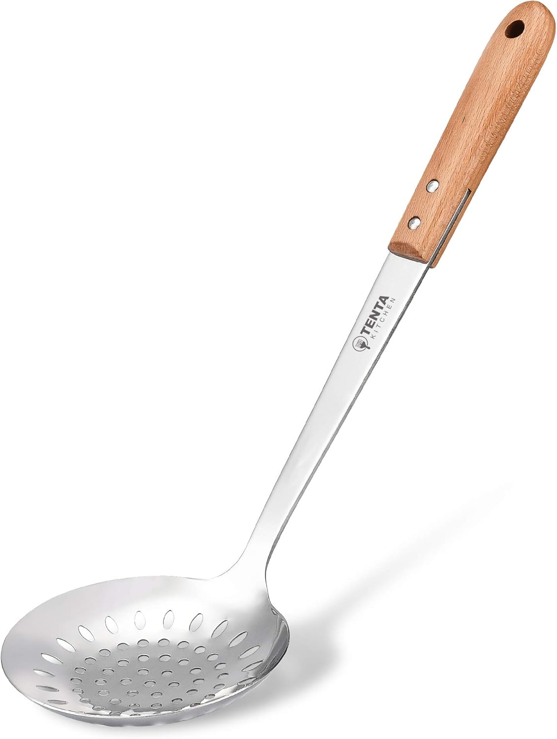 Tenta Kitchen Premium Fring Spoon Strainer Slotted Spoon Ladle Spatula Turner Skimer Conlander stainles steel Silicone Kitchen Utensil Set For Cooking (4.7 Inch Skimmer Wooden Handle)