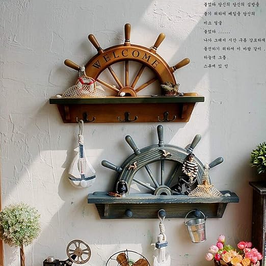 Badezimmer Regale Mediterran Dorf Retro Stil Halbes Ruder Badezimmer Regal Aus Holz Cafe Bar Kleidung Shop Kreative Dekoration Haken Schonheits Regal Dekoration Yellow Life Buoy Section Amazon De Kuche Haushalt