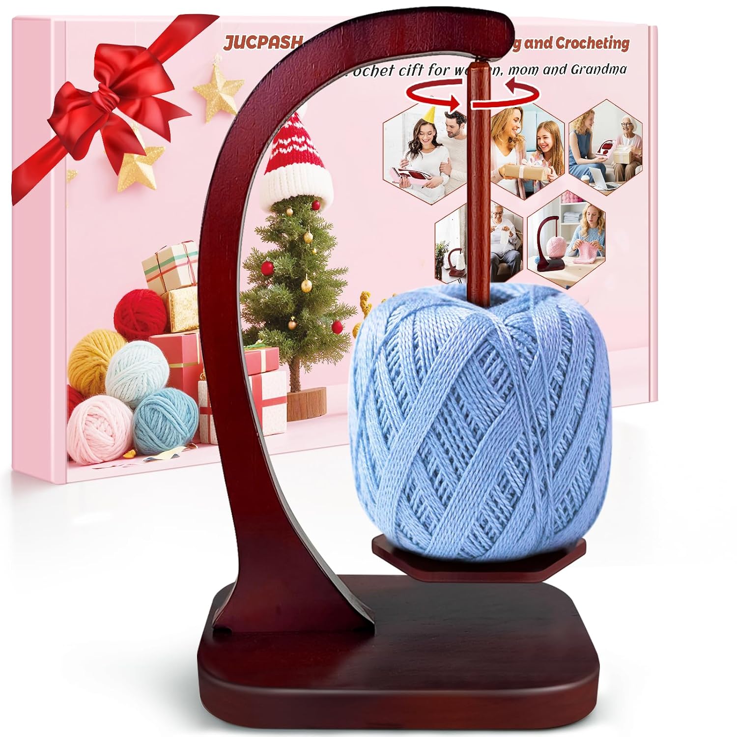 JUCPASH Yarn Holder for Crocheting with Magnetic Spin, Crochet Gifts, Brown | Wooden Yarn Spinner, 360° Smooth Rotation, Anti