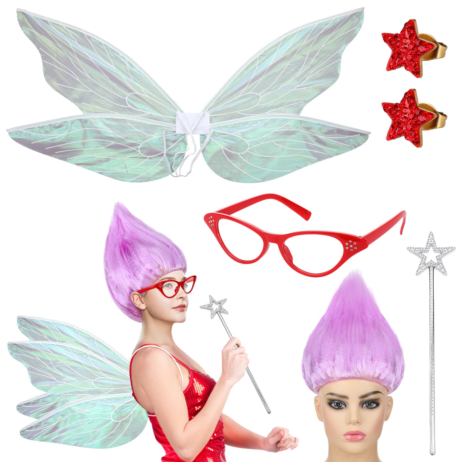 Photo 1 of Langyiwee 5 Pcs Halloween Godmother Costume Accessories Set Include Purple Godmother Wig Fairy Wings Retro Glasses Wand Sticks and Earrings for Halloween Cosplay Party Favor