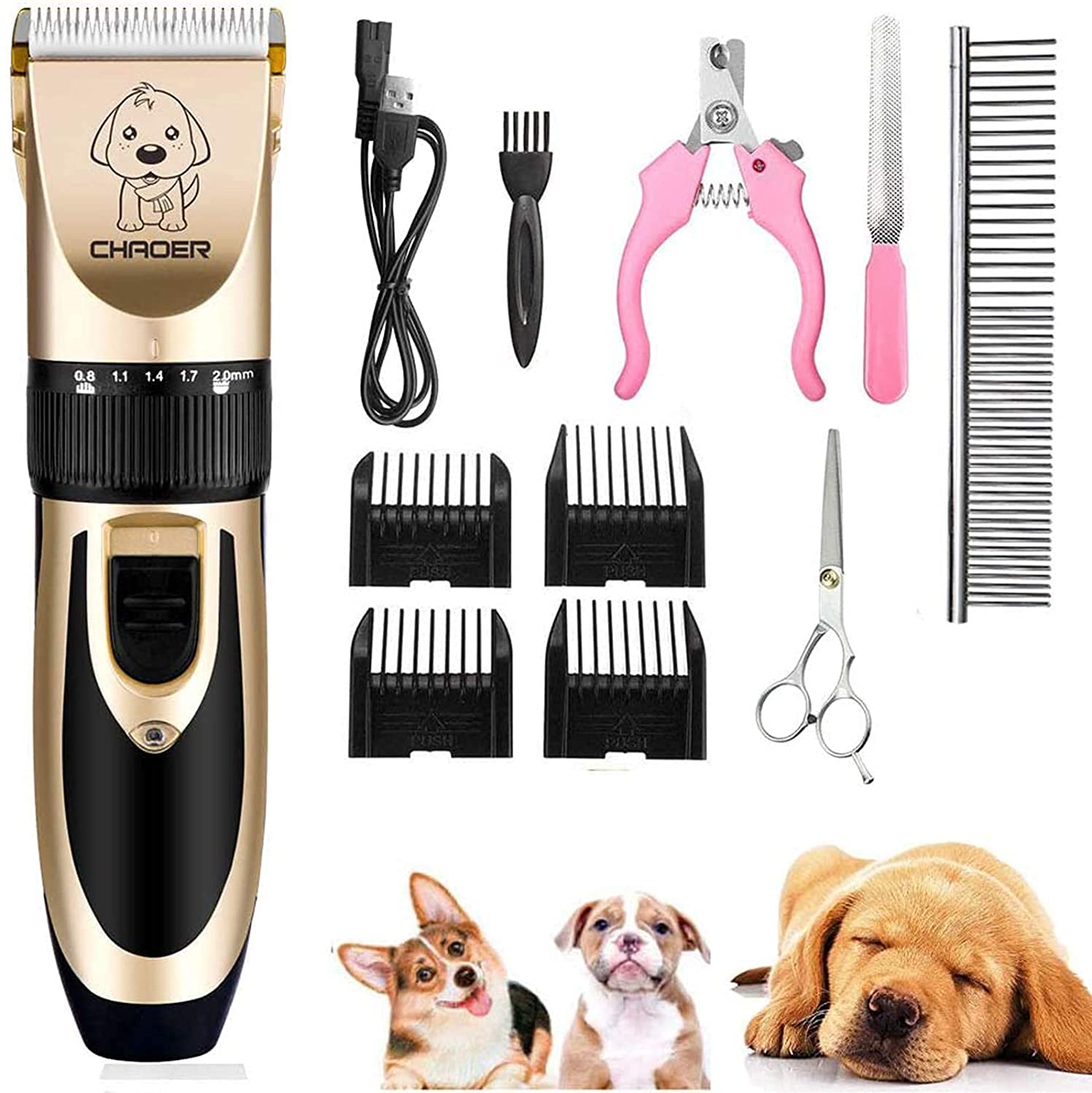 Pet Dog Grooming Clippers - Rechargeable Low Noise Cordless Pet Clippers, Professional Dog Hair Trimmer Grooming Kit with 4 Guide Combs and Cleaning Brush Nail Kits for Dogs Cats Any Animals