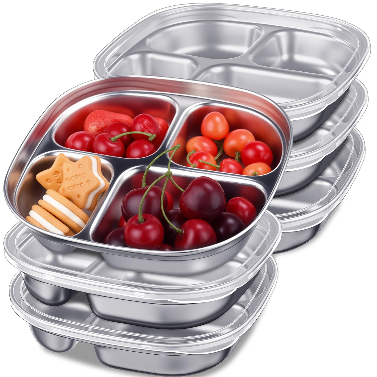 Photo 1 of Potchen 6 Pack Stainless Steel Snack Containers with Lids, Reusable 4 Compartments Bento Boxes Snack Lunch Box for Divided Food Storage Container for Home Travel(Classic)
