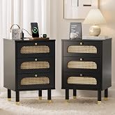 VINGLI Rattan Nightstand with Charging Station, Nightstands Set of 2, 3 Drawer Night Stand for Bedroom, Wood Bed Side Table, Boho Endtable with Drawers, Black