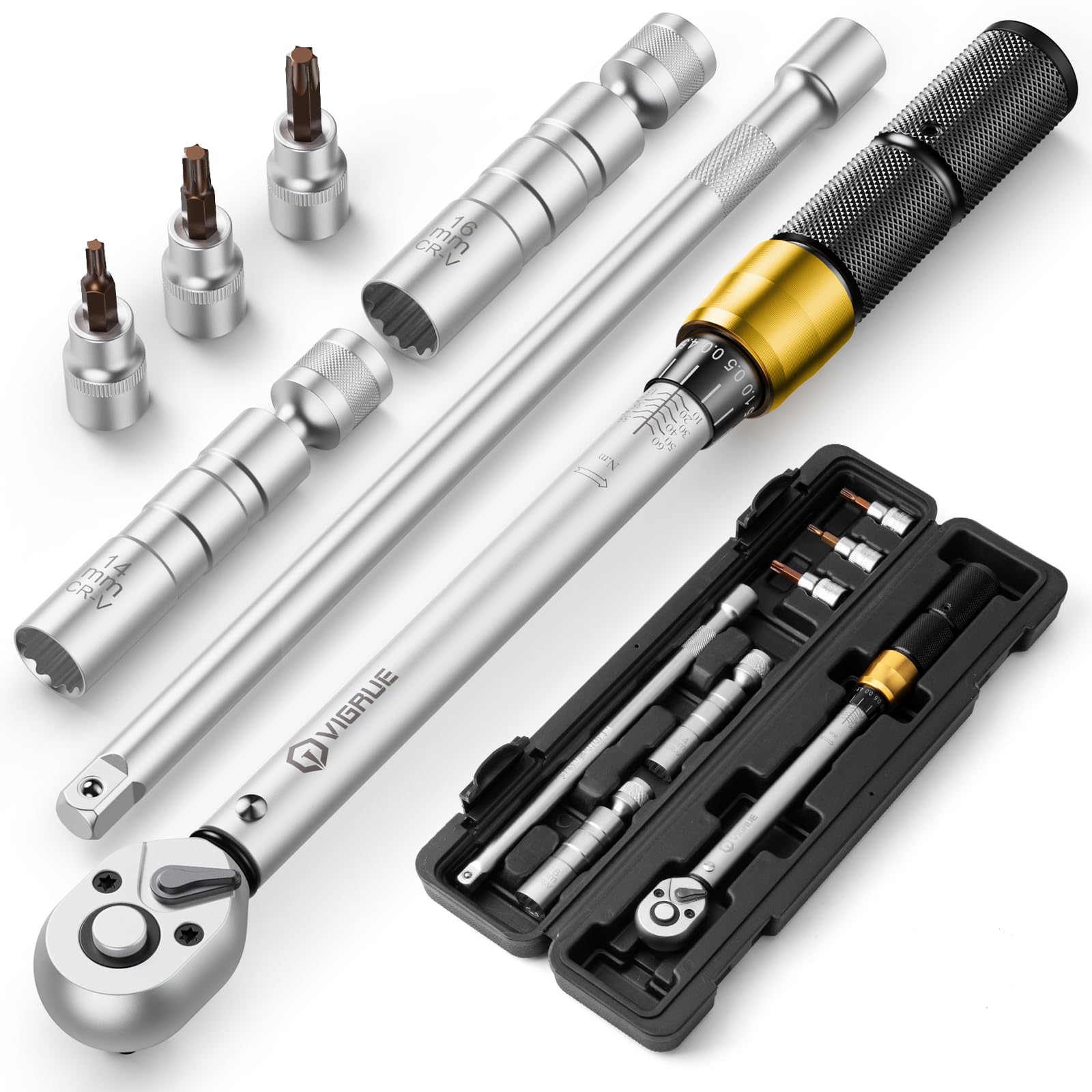 VIGRUE Torque Wrench Bicycle 3/8 Inch, Torque Wrench 10-60 Nm ±3% Error Accuracy with Extension Rod, Universal Joint, Spark Plug Sleeve, Bits for Bicycle, Motorcycle and Car