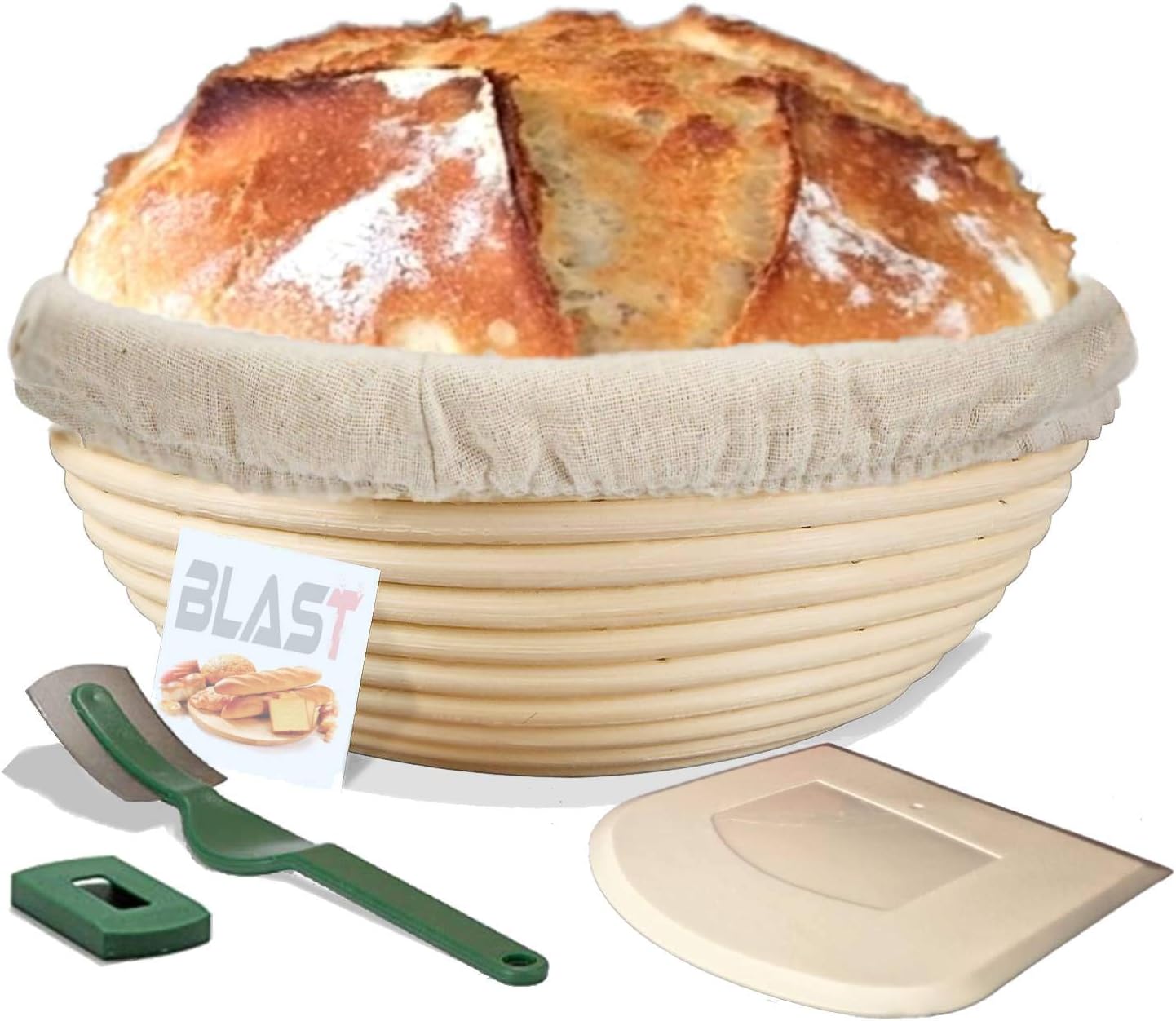 9 inch Banneton Proofing Basket, BLAST Bread Proofing Basket &Scraper + Lame + linen lining cloth for professional and domestic experts (Sourdough Recipe)