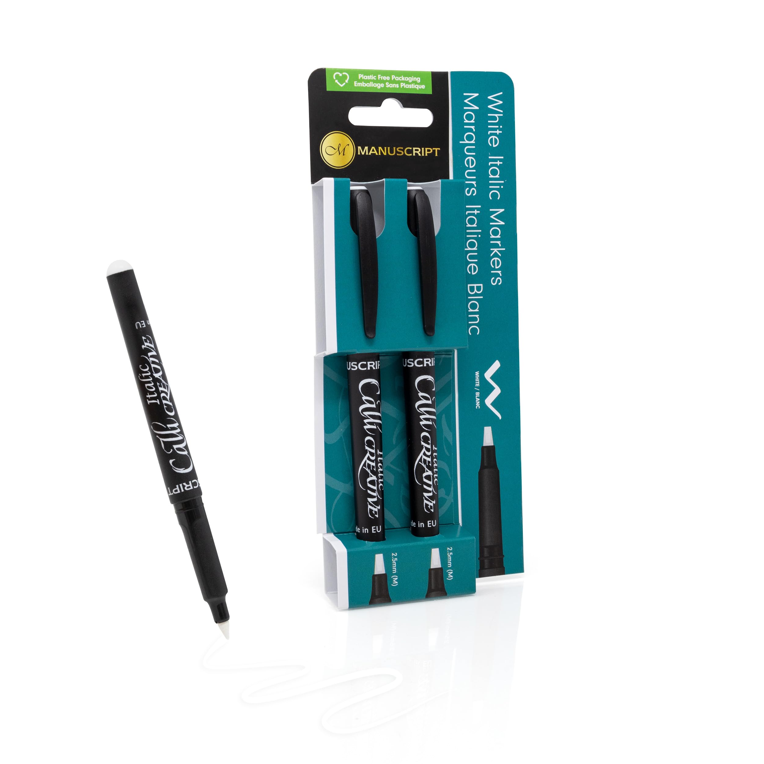 MANUSCRIPT Callicreative Italic Marker Pen in White | White Permanent Markers | Calligraphy Pens for Lettering, Journals & Crafts | Set of 2 Medium 2.5mm Chisel Tip Pens