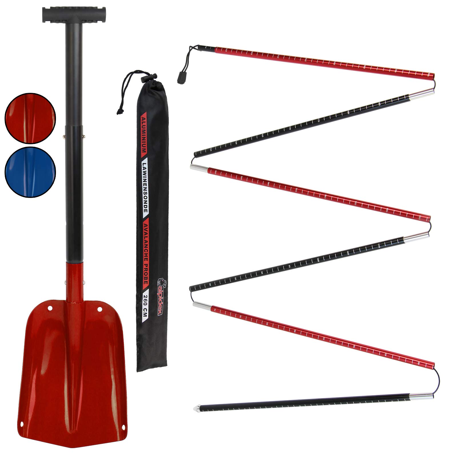 ALPIDEX Avalance Kit : Aluminium Avalanche Probe and Telescope Snow Shovel Lightweight, Colour:Red - 260 cm
