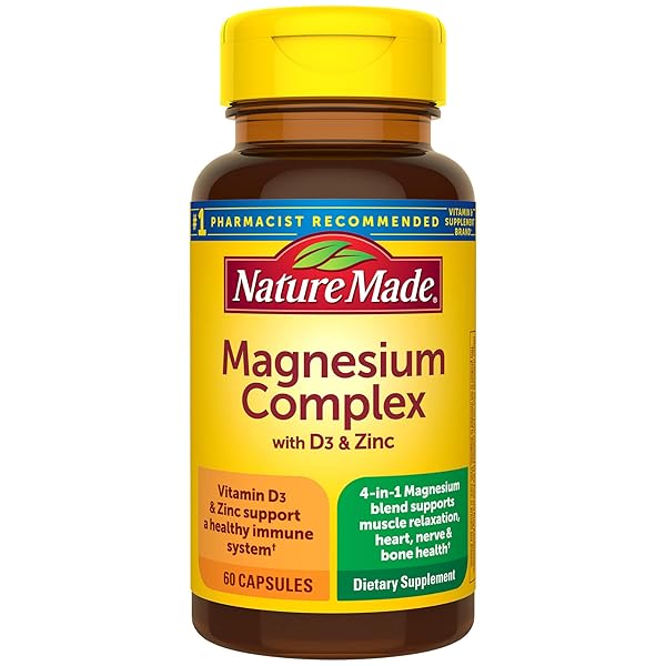 NATURE MADE MAGNESIUM COMPLEX WITH VITAMIN D AND ZINC SUPPLEMENTS, MAGNESIUM SUPPLEMENT FOR MUSCLE, NERVE, HEART & BONE SUPPORT WITH VITAMIN D3 & ZINC FOR IMMUNE SUPPORT, 60 CAPSULES, 30 DAY SUPPLY