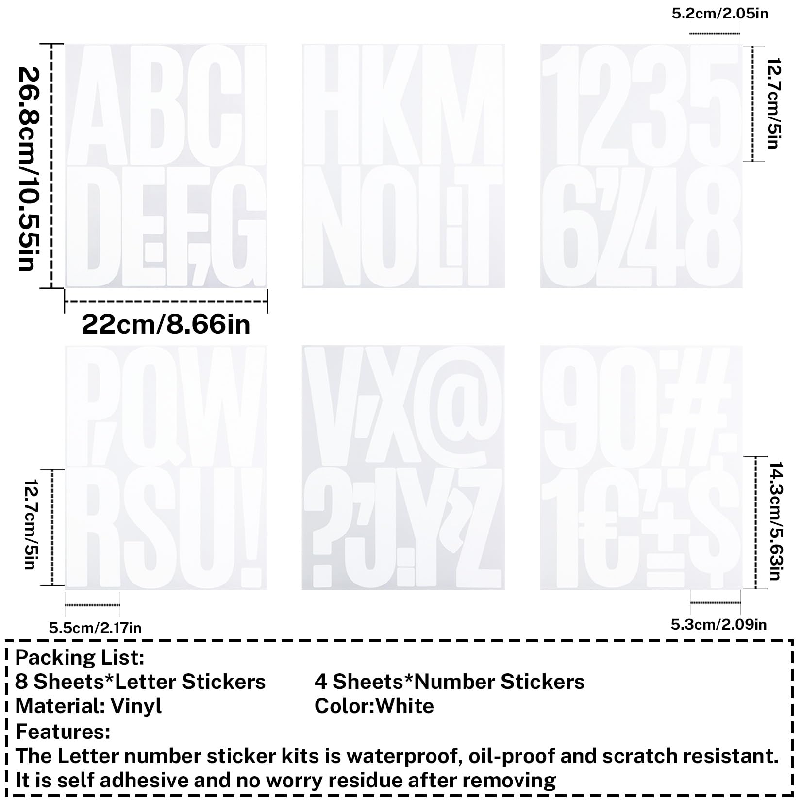 5 Inch Letter Stickers, 122 Pieces Self Adhesive Alphabet Number Sticker for Mailbox, Door, Truck and Outdoor, Waterproof Sticky Vinyl Symbol Stickers for DIY(12 Sheet White)