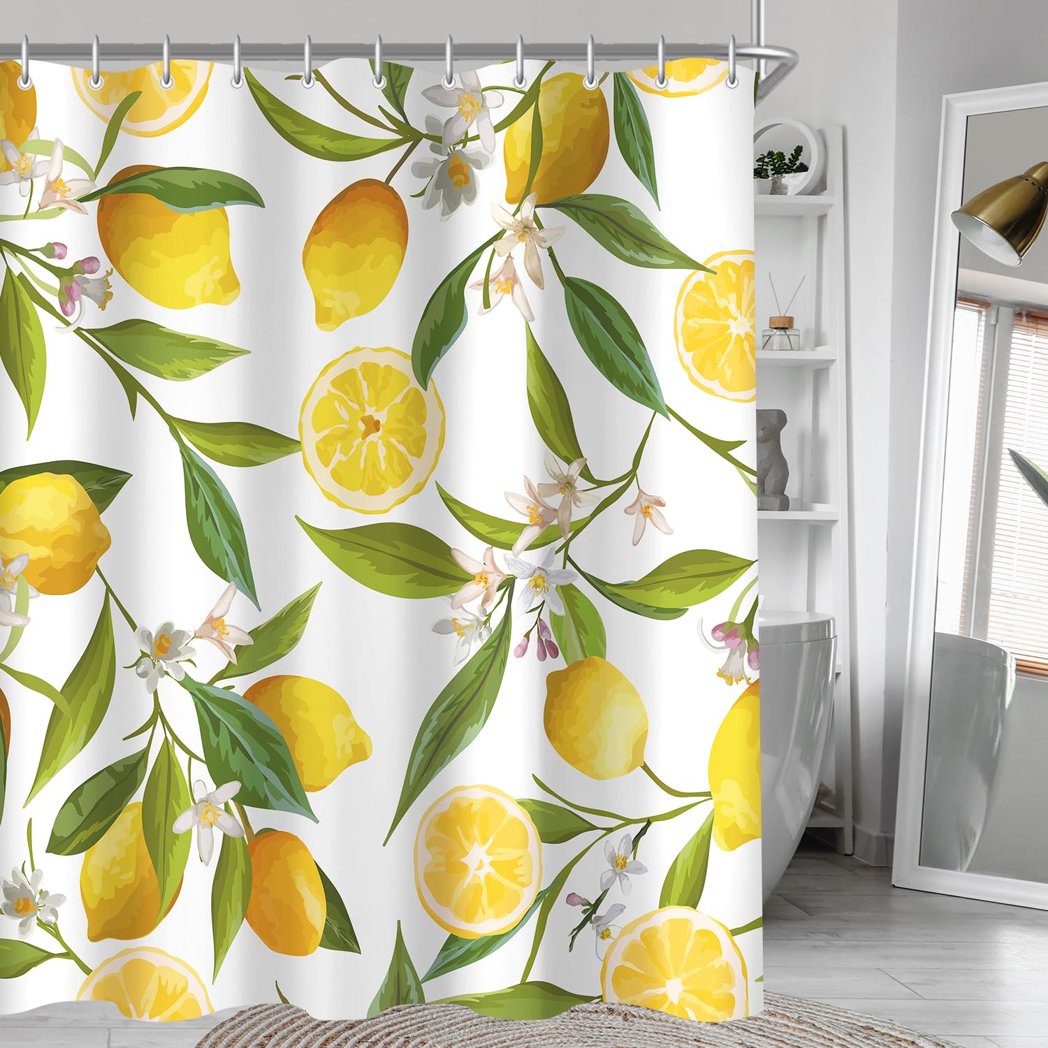 Lerores Shower Curtain, 150 x 200 cm, Lemon Leaf, Weighted Hem, Anti-Mould, Water-Repellent, Washable Polyester Bath Curtains with 8 Eyelets and Shower Curtain Rings for Bathroom, Bathtub