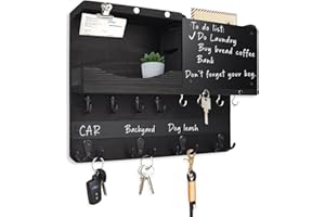 HEKOOLA Farmhouse Key and Mail Holder for Wall Decorative, Rustic Mail and Key Organizer for Wall with Different Hooks, Chalkboard, Key Holder Wall Mount with Shelf, Basket, Clips(Pine Wood, Black)