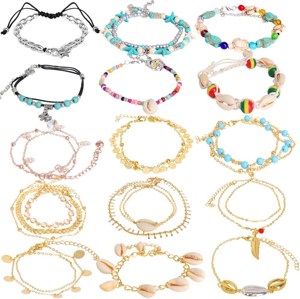 Defrsk 15PCS Shell Anklet Bracelets Gold Ankle Bracelets Set Anklets Gift for Women Girls