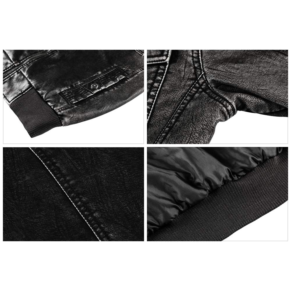 FEDTOSING Men\'s Faux Leather Jacket Retro Zip-UP Motorcycle Jackets with Removable Hood (Black-2 S)