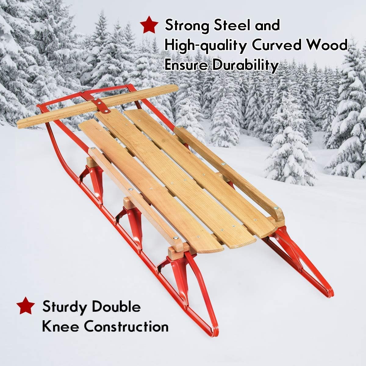 Snow Sleigh Toboggan With Solid Wood Seat Nightcore Wooden Steel Runner Sled Portable Wood Sleigh Snow Sledge For Kids And Adults 54 Pull Steering Slider With Metal Runners And Steering Bar Sledding