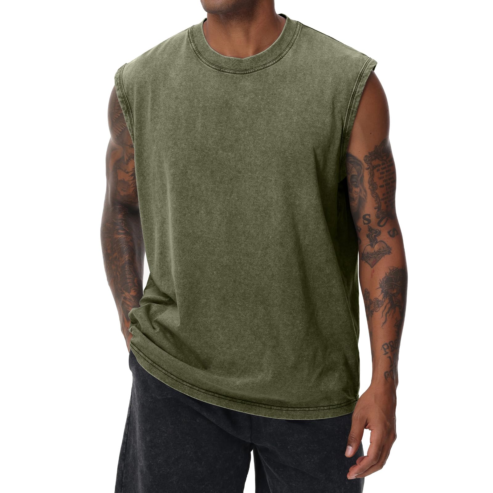 Photo 1 of Mens Cotton Sleeveless Tank Tops Cut Off Muscle Gym T Shirts Running Beach Loose Fit Tees(AG M) Army Green