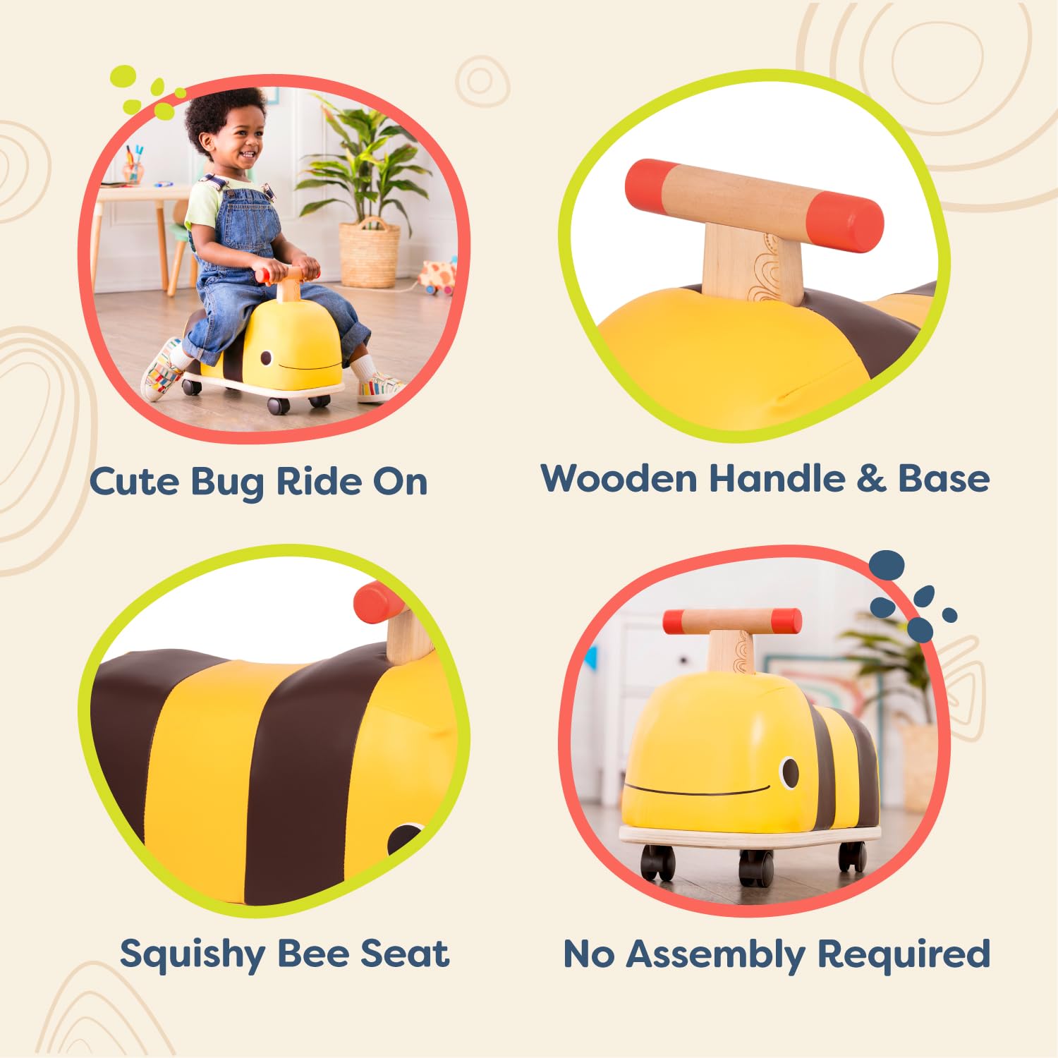 B. toys- Boom Buggy- Ride On- Wooden Ride On for Toddlers – Handle & 4 Smooth Wheels – Push & Roll Bee – 18 Months +