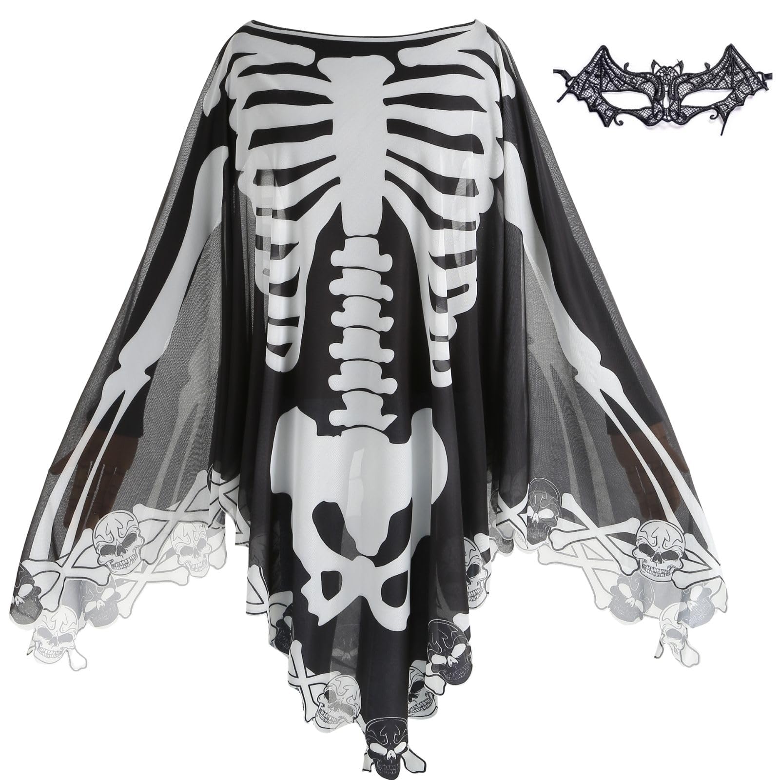 maxToonrain Halloween Ghost Costume Lace Skeleton Poncho Ghostly Spirit Day Of The Dead Scary Fancy Dress with Bat Mask 150x150CM(Skull and Bone, Black)